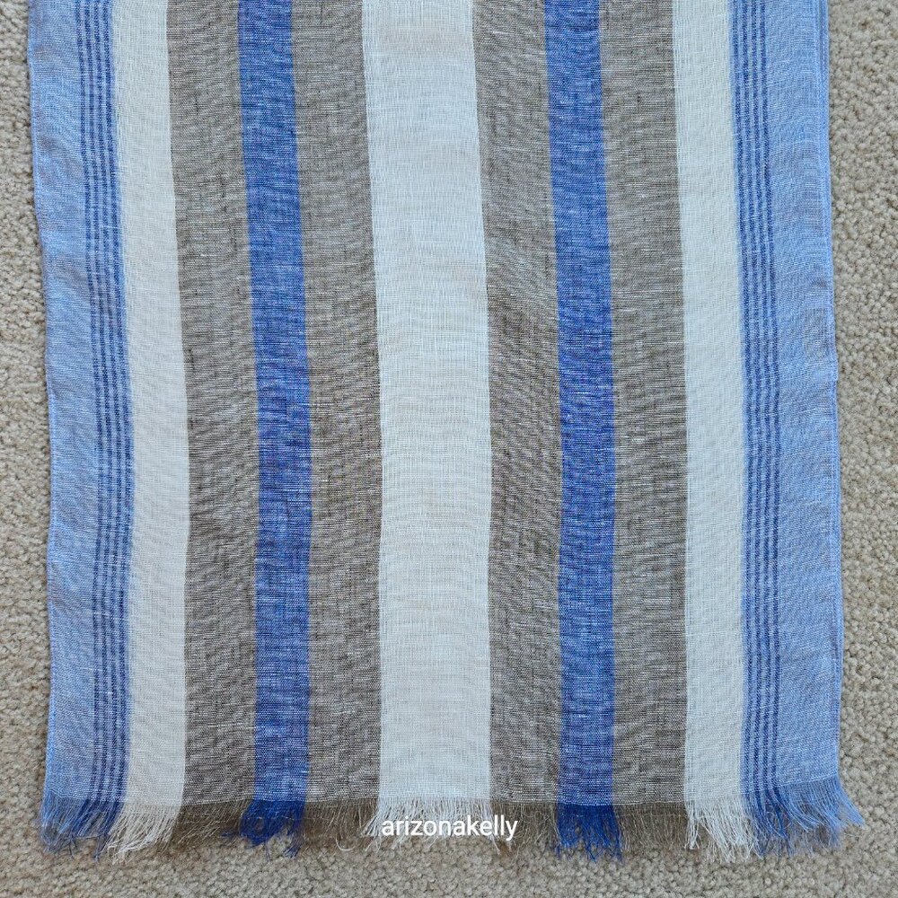 Puro Lino Linen Scarf Stripe Blue White & Taupe Italian Linen - Picture 6 of 8